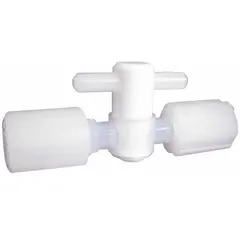 This 2-way plug valve features a PFA body and PTFE seals for high-purity applications. It has a 1/8 in pipe size with compression x compression connections and a tee handle. Suitable for handling corrosive chemicals in process lines.