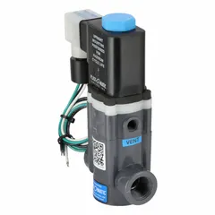 This PLAST-O-MATIC solenoid valve is a 2-way/2-position, normally closed, inline single valve with a 1/2 in pipe size and 120V AC voltage. The coil enclosure is without a junction box. It is used to control the flow of liquids or gases in industrial piping systems.