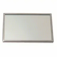 Rectangular acrylic mirror with polished stainless steel frame in silver finish. Overall dimensions: 12 in width, 18 in height, 1 in depth. Not lighted. Suitable for commercial or institutional restrooms requiring breakage resistance.