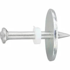 Pin for powder-actuated tools used to fasten materials to concrete, steel, or masonry. Each pin has a 1-1/2 in overall length, 8 mm head diameter, and 9/64 in shank diameter. Supplied in a 100-pack.