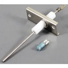 Flame sensor for gas-fired heating equipment. Detects flame presence to verify burner ignition, allowing gas flow only when a flame is confirmed. Used in boilers, furnaces, and water heaters as a safety device to prevent unburned fuel accumulation.