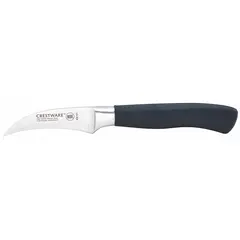 This peeling knife features a forged steel blade with a straight, sharp edge and a 2 1/2 in overall length. The black Santoprene handle provides a comfortable grip. NSF certified for sanitation in commercial foodservice environments. Suitable for trimming and peeling fruits and vegetables.