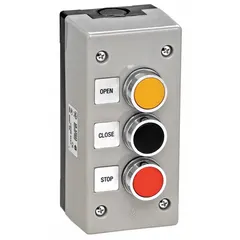 Double pole push button control station with Open-Close-Stop configuration for commercial garage door operators. Housed in a non-metallic enclosure rated for outdoor use and surface mount installation. Suitable for material handling and dock loading equipment applications.