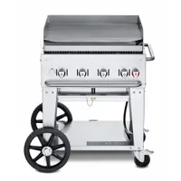Propane-fueled wheeled griddle with 4 burners and 64,500 BtuH heating capacity. Features a 20 lb tank capacity and 43 1/4 in overall height. Suitable for mobile cooking applications such as catering, food trucks, and outdoor events