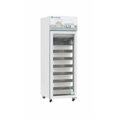 Upright blood bank refrigerator with 23 cu ft capacity, maintaining 1°C to 10°C. White swing glass door opens right. Features door ajar alarm and uses R-600a refrigerant. Overall depth 35 3/4 in. Suitable for storage of blood products and temperature-sensitive medical supplies in clinical and laboratory settings.