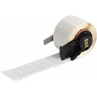 This precut label roll measures 1 in x 3/8 in and is made of polyester with a metal-detectable, gray finish. It is designed for use with the BMP71 printer (with Media Adapter). Typical applications include labeling in environments where metal detection is required, such as food processing or pharmaceutical facilities