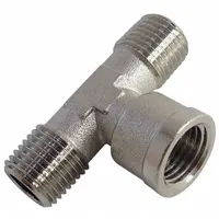 This tee fitting is used to split or combine fluid flow in medium-pressure pneumatic or hydraulic systems. Constructed of nickel-plated brass, it has a maximum operating pressure of 870 psi and a length of 2 3/64 in. Suitable for industrial air lines, lubrication circuits, and control panels requiring a 3/8 in branch connection