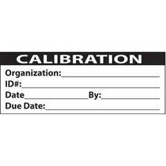 Calibration label, 2 in width, 1 in height, black/white color, suitable for indoor and outdoor use. Supplied in a roll for marking calibrated equipment with date and technician information.