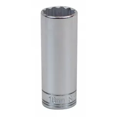 This 3/8" drive hand socket features an 18 mm, 12-point, deep configuration with a chrome finish. Designed for manual use with ratchets and accessories, it is suited for tightening or loosening metric fasteners in automotive repair, machinery maintenance, and industrial assembly. The deep design allows access to recessed bolts, and the chrome finish provides corrosion resistance.