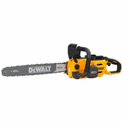 This DEWALT battery-powered chainsaw features a rear handle design and automatic chain oiler for consistent lubrication. Powered by a 60 V system with 50.2 cc equivalent output, it is suited for tree felling, limbing, and bucking in outdoor and forestry tasks.