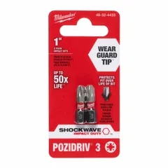 This 2-pack of MILWAUKEE Pozidriv insert bits features a PZ3 size, hex shank, and impact-rated alloy steel construction. Designed for use with impact drivers in high-torque fastening applications, these bits drive Pozidriv screws in metal and wood assemblies.