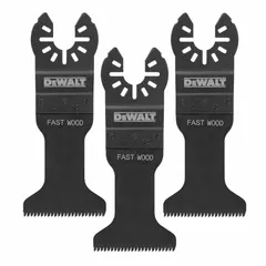 Set of three carbon steel blades with open-back universal OIS mount for oscillating tools. Designed for precision cutting in wood, suitable for flush cuts, plunge cuts, and detail work in trim, flooring, and carpentry applications. Blade width: 1 3/4 in.