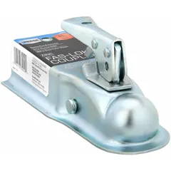 This BULLDOG straight-tongue coupler is a Type I coupler made of steel with a zinc-coated, corrosion-resistant finish. It has a gross towing weight capacity of 2,000 lb and is used to connect a trailer tongue to a tow vehicle's hitch ball for light-duty towing applications.