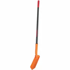 This trenching shovel features a 14-gauge steel blade in orange and a gray fiberglass straight handle. Designed for digging and shaping trenches in construction, landscaping, and utility work.