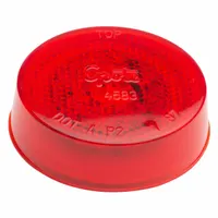 Red LED clearance marker lamp with a round shape and grommet mount. Features a 2-1/2 in overall diameter, PL-10 electrical connector, and SAE Lens Code P2. Used on trucks, trailers, and heavy equipment to mark vehicle width and height