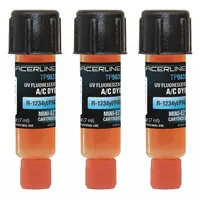 Three 0.25 oz cartridges of A/C dye formulated for use with R-1234yf refrigerant and PAG oil. Used to refill dye in automotive air conditioning systems for leak detection under UV light