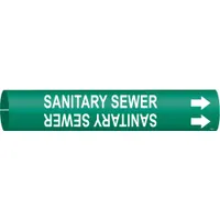 Pipe marker with green background and white legend reading 'Sanitary Sewer', including directional arrows. Fits pipe outer diameters from 2-1/2 to 3-7/8 inches. Used to identify sanitary sewer lines in industrial and municipal facilities for clear pipe content and flow direction indication