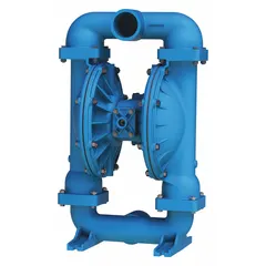 This aluminum housing air-operated double diaphragm pump features a 3-inch NPT connection, 285 gpm flow rate, and 231 ft max head. It is equipped with PTFE seats, PTFE check valves, and PTFE diaphragms with Santoprene backing. Suitable for transferring abrasive, viscous, or shear-sensitive fluids in industrial processing and chemical handling applications.