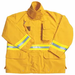 This wildland firefighting coat is constructed from aramid fiber in yellow for thermal protection. It features a hook-and-loop closure and reflective trim for visibility. Complies with NFPA 1977 standards. Suitable for brush, forest, and outdoor fire operations.