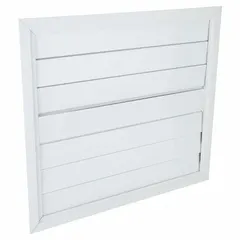 Single-panel aluminum backdraft damper for horizontal mounting on ceilings or roofs. Designed to prevent reverse airflow when the fan is off, suitable for ventilation systems with horizontal airflow direction. Dimensions: 36 in height, 32 in width, 1 3/8 in depth. Maximum air velocity: 1500 fpm.