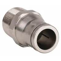 This nickel-plated brass tube fitting connects 14 mm OD tubing to 1/2 in MBSPT pipe threads. The push-to-connect design allows tool-free assembly in pneumatic or fluid systems. Silver finish