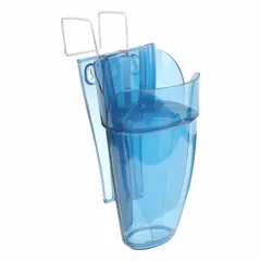 This polycarbonate ice scoop with holder is designed for hygienic ice handling in commercial kitchens, bars, and foodservice operations. The blue unit measures 8 3/8 inches in width, is dishwasher safe for easy cleaning, and is NSF certified for sanitation standards.