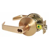 This storeroom lever lockset (ANSI F86) features a Contour Angle Return style in a Satin Bronze, Clear Coated Zinc Alloy finish. It is ADA compliant and includes Large Format Interchangeable Core (LFIC) capability. Designed for interior doors requiring keyed entry from outside and free egress from inside, common in commercial facilities