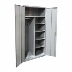 This LYON commercial combination cabinet features a wardrobe style with a tan finish, constructed from 24 ga steel. It includes 4 adjustable shelves and a partition, with a swing handle and keyed lock for security. The frame-type base is unassembled. Suitable for indoor storage of tools, parts, or supplies in warehouses and industrial facilities.