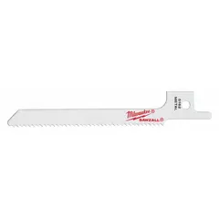 Reciprocating saw blades designed for cutting nail-embedded wood. Each blade has 14 teeth per inch, a length of 3 5/8 inches, and a thickness of 0.04 inches. Suitable for demolition, renovation, and framing tasks where nails are present in lumber. Sold in a 5-pack.
