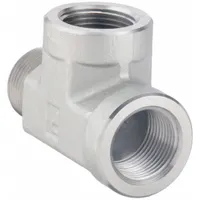 This steel pipe tee is a hydraulic threaded extreme-pressure fitting with a 1/4 in x 1/4 in x 1/4 in configuration and a maximum operating pressure of 5,000 psi. It is used to split or combine fluid flow in high-pressure hydraulic systems, common in industrial machinery and mobile equipment