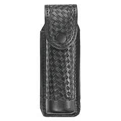 This synthetic leather holster features a snap closure to securely hold pepper spray canisters. It offers a lightweight carry solution for personal safety equipment, suitable for security personnel and individuals requiring quick access to defensive spray.