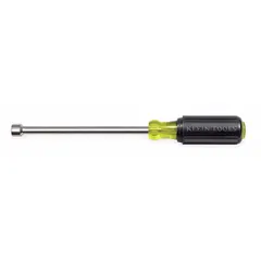 Straight nut driver with a 7/16 in SAE tip size and a magnetized tip for holding fasteners. The hollow round shank accommodates long bolts. Used for driving and removing hex-head fasteners in electrical and mechanical work.