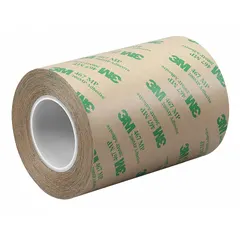 This general purpose adhesive transfer tape features a repositionable acrylic adhesive on a transparent carrier, with a polycoated kraft paper liner. It is 5 yards long and 2.3 mils thick, designed for applications requiring temporary placement before permanent bonding, such as mounting, splicing, and attaching nameplates, gaskets, or trim in industrial assembly and fabrication.