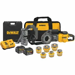 The DEWALT DCE700X2K is a FLEXVOLT cordless handheld pipe threading machine for 1/2 in to 2 in NPT pipe. It includes six die heads, a carrying case, and two batteries. This tool is used for on-site threading in plumbing, pipefitting, and maintenance applications where portability is required.