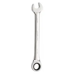 This SAE 12-point ratcheting combination wrench features an 11/16 in head size and an overall length of 8 7/8 in. Constructed from alloy steel with a chrome finish, it is a standard (non-reversible) model suitable for tightening or loosening fasteners in general maintenance tasks.