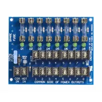 This power distribution board accepts 12 to 28V DC input and distributes power across eight fused outputs. Constructed of plastic, it is used to organize and protect multiple low-voltage devices from a single power source in access control, security, and industrial systems
