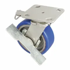 Swivel plate caster with total lock for medium-duty applications. Features a 6-inch diameter, 2-inch wide blue polyurethane wheel on ball bearings. Slot mounting style. Suitable for carts, racks, and light machinery in industrial environments.