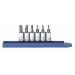 This 25-piece hex bit socket set includes 6 pieces with a 1/4 in drive size and tip sizes ranging from 2 mm to 6 mm. Designed for driving hex fasteners, it is suitable for automotive repair, machinery assembly, and general maintenance tasks in confined spaces.