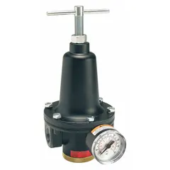 Zinc-bodied compressed air regulator with 3/4 in NPT connections. Provides flow capacity of 300 cfm and adjustable outlet pressure from 2 psi to 125 psi via screwdriver adjustment. Used in pneumatic systems to maintain consistent downstream pressure for air tools, automation equipment, and industrial processes.