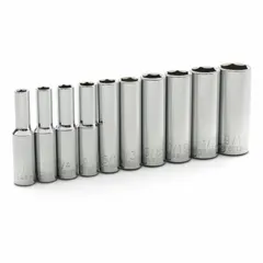 This 10-piece socket set includes 1/4-inch drive, 6-point deep sockets ranging from 3/16 in to 9/16 in. Sockets feature a friction ball retainer. Suitable for tightening and loosening SAE fasteners in automotive repair, machinery maintenance, and general assembly tasks.