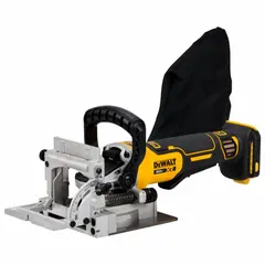 This cordless biscuit joiner operates on a 20V MAX battery system (battery and charger sold separately). It features a brushless motor and offers three depth settings with a maximum cutting depth of 1/8 inch. Designed for cutting slots in wood for biscuit joinery, it is used in cabinet making, furniture assembly, and countertop joining.