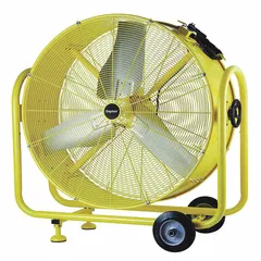 This mobile floor fan features a 24-inch blade diameter and a 1/3 hp direct-drive motor, operating on 120V AC power. The steel housing provides durability for industrial environments. It is designed for spot cooling, ventilation, and air circulation in workshops, warehouses, and manufacturing facilities.