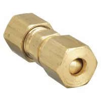 Brass compression fitting union with standard sleeve design for connecting two tubes of equal 3/16 in outer diameter. Suitable for medium-pressure pneumatic, hydraulic, and instrumentation tubing systems. Supplied in a 10-pack
