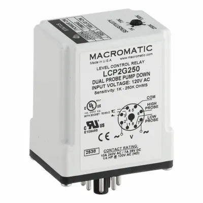 MACROMATIC Liquid Level Relay: Socket Mounted, Dual Probe, 10 A Current Rating, 120V AC - Socket-Mounted Relays
