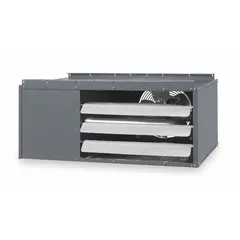 This low-profile suspended unit heater is designed for wall or ceiling mounting to conserve floor space in commercial and industrial spaces. It delivers 45,000 BtuH input using natural gas and features a propeller fan for air circulation. The combustion type is field convertible, and the gas connection is 1/2 in NPT male. Overall dimensions are 12-3/8 in H x 30 in W x 25-7/8 in D.