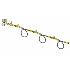 This cascade kit connects four high-pressure cylinders to a common airline for supplying breathing air to supplied-air respirators and ambient air pumps. It features 1/4 in Hansen fittings with CGA 346 female and CGA-346 male connections and includes a regulator.