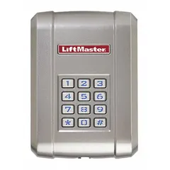 The LIFTMASTER KPW250 is a keypad receiver constructed from gray metal alloy, operating at 9V. It is designed for use with door operators to provide access control in commercial and industrial settings. The unit includes the keypad and has an overall height of 6 inches.