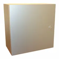 This 316 stainless steel enclosure measures 16 x 16 x 8 inches and is rated NEMA 12/13/3R/4/4X for indoor or outdoor use where corrosion resistance and watertight sealing are required. It features a hinged cover with a 1/4-turn latch closure; knockouts are not included. Suitable for protecting electrical controls, terminals, and instruments in harsh environments