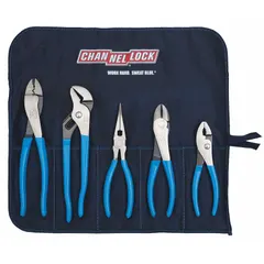 This 5-piece plier set includes standard cushion grip handles for comfort and manual operation. The set covers a pliers range of 2 to 5 inches and comes with a tool roll for organized storage. Suitable for general gripping, turning, and clamping tasks in maintenance, plumbing, and electrical work.