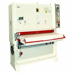 This wide belt sander features a 43-inch belt width and 75-inch belt length, powered by a 20 hp three-phase motor drawing 50 A at 208/230V. It is used for high-volume surface finishing and dimensioning of wood, panel products, and engineered materials in industrial settings.